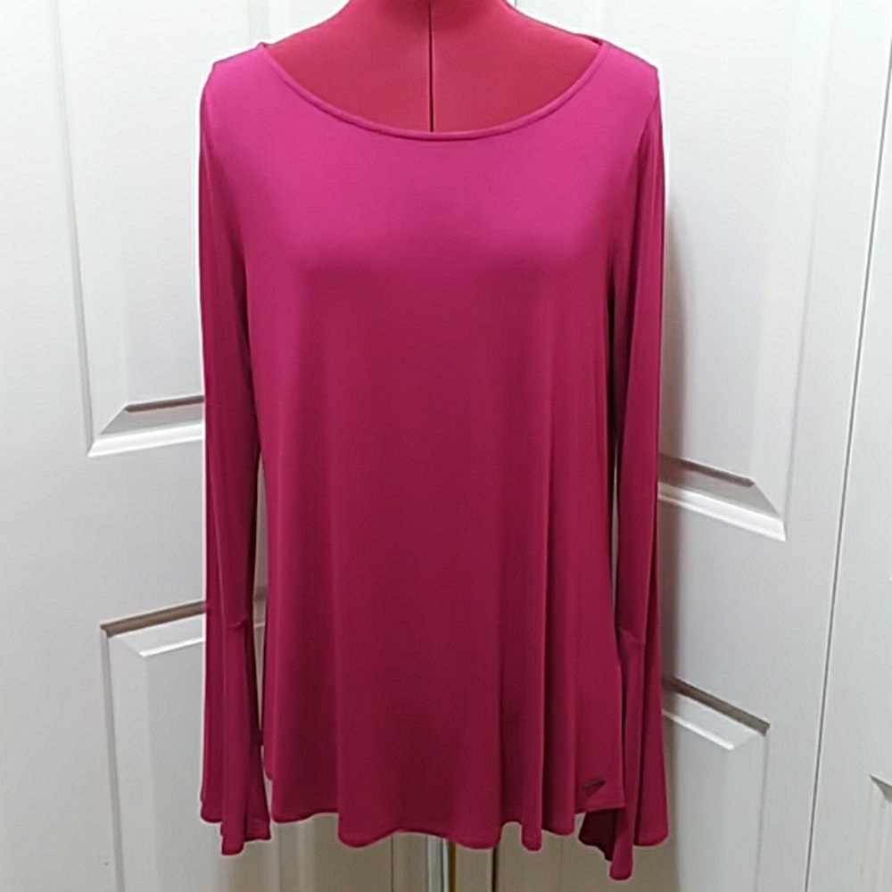TAHARI neon raspberry pink scoop neck long bell sleeve tunic top shirt
